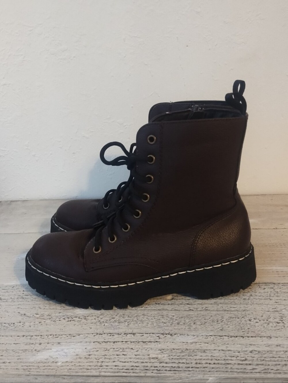 Sincerely Jules Maroon plum Leather Combat Lace Up Zip Boots (xmsjul22)